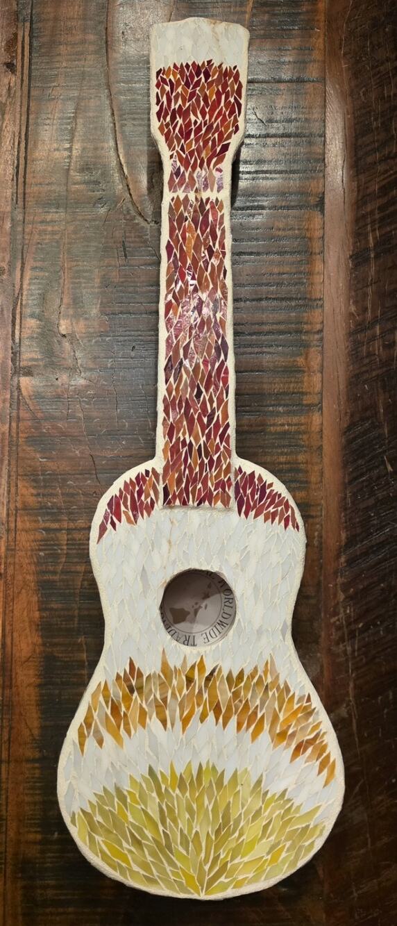 Upcycled Glass Mosaic Ukulele Art Colorful Handcrafted One-of-a-Kind Decor READ